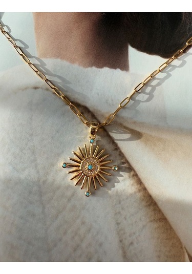 Firüze Taşlı Güneş Kararmaz Çelik Kadın Gold Kolye Modern Ve Şı Altın