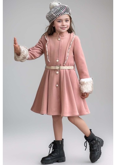 Riccotarz Kız Çocuk Kazayağı Desen Elbise Kolları Peluş Ve Omuzları İnci İşleme Kemerli Pembe Kaşe Kaban Pembe