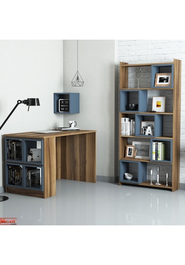 Variant Box Kitaplık Ve Çalışma Masası Takımı - Ceviz / Mavi