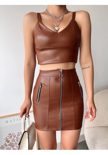 Üç Fermuarlı Deri Etek Kahve S24510 Kahve