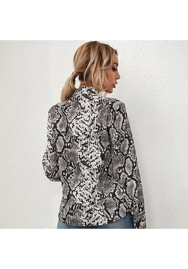 Baskı Yılan Vintage Kadın Uzun Kollu Gömlek İlkbahar Ve Sonbahar Moda Rahat Kadın Bluz Ofis V Yaka Kadın Gömlekleri Üst Giyim 22096 Gri