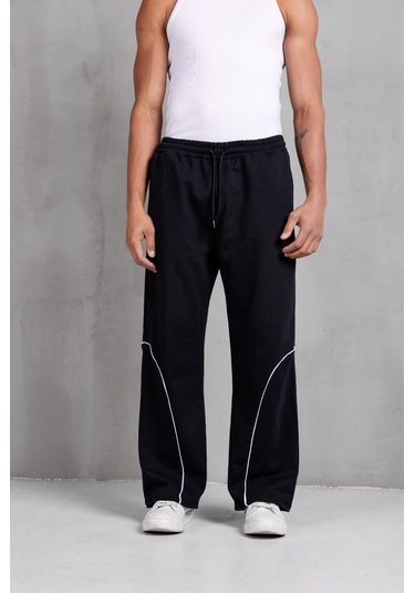 Dark Moda Erkek Oval Şeritli Baggy Eşofman Siyah