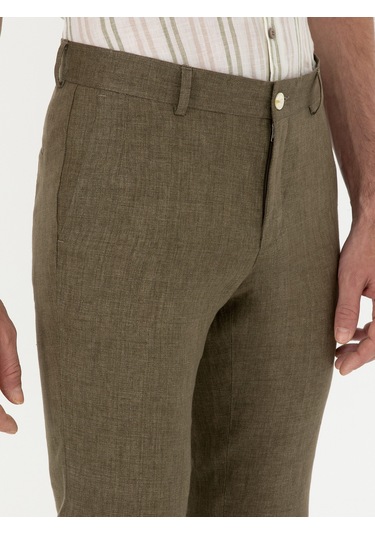 Cacharel Haki Slim Fit %100 Keten Pantolon Yesıl