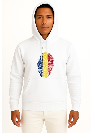 Kapüşonlu Romania, Flag, Fingerprint Göğüs Tasarımlı Unisex Sweatshirt Beyaz