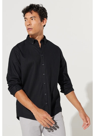 AC&Co / Altınyıldız Classics Erkek Sıyah Comfort Fit Rahat Kesim Düğmeli Yaka Keten Gömlek - Siyah