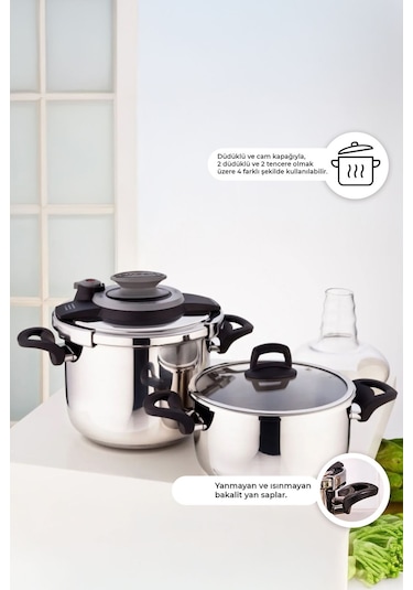 Emsan Montana 2'li 4+6 Litre İndüksiyon Tabanlı Düdüklü Tencere Seti Siyah Gri Gri - Siyah
