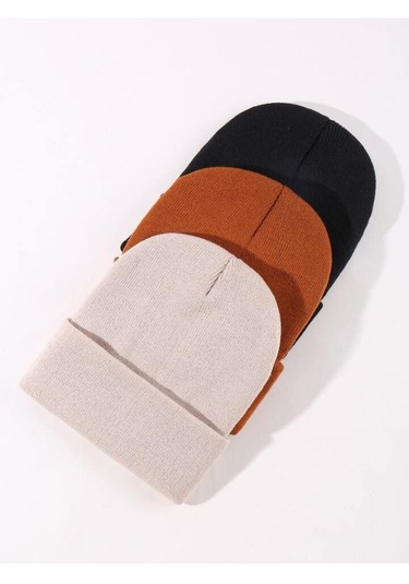 Eke Tekstil Unisex Katlamalı 3'lü Bere Seti Kiremit - Siyah - Taş Siyah - Kiremit