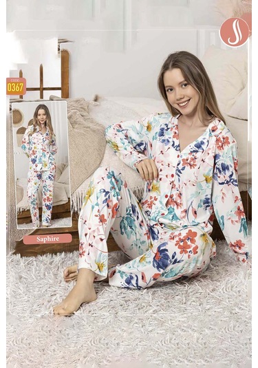 Kadın Çiçek Desen Düğmeli Saphire Pijama Takımı 0367 Ekru Ekru