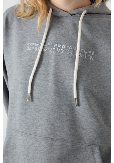 Tommy Life Gri Melanj Kapüşonlu Kanguru Cep Oversize Lastik Paça Kadın Eşofman Takımı - 95288 GRİ MELANJ