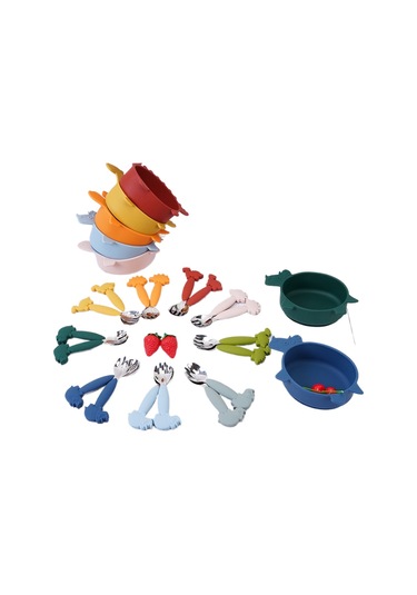 Jianfan Karikatür Mama Kasesi Seti Bebek Silikon Kaşık Çatal Paslanmaz Çelik Mavi Mavi