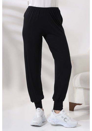 Kadın Siyah Beli Lastikli Ferace Altı Rahat Kesim Tesettür Şalvar Pantolon 001