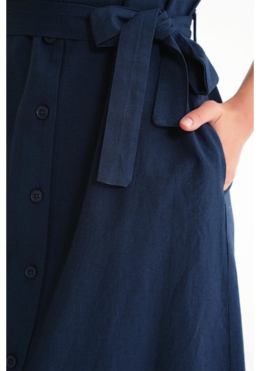 4721 Kadın V Yaka Düğme Detaylı Keten Elbise Lacivert Lacivert