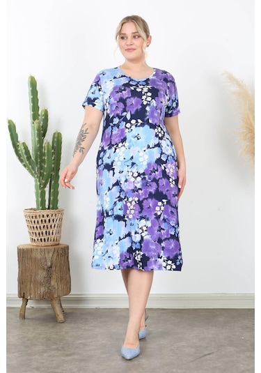 Kadın Mavi Mor Kırçiçeği Desen Midi Elbise Mavi