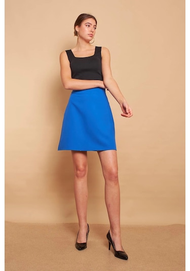 Yüksek Bel Hafif Likralı Kumaş Diz Boy Çan Etek-sax SAX