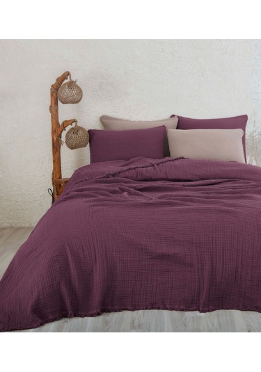 %100 Pamuk Çift Kişilik Müslin Yatak Örtüsü 4 Katlı Yumuşak Battaniye Müslin Pike Takımı 3 Parça Mor Mor