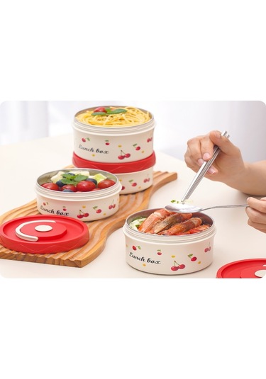 Skycity 1050ml Çelik Isı Saklama Yemek Kutusu, Çift Katlı Öğrenci Bento, Kiraz Desenli, Isı Saklama Çantası Ve Besteği İle Beyaz - Kırmızı