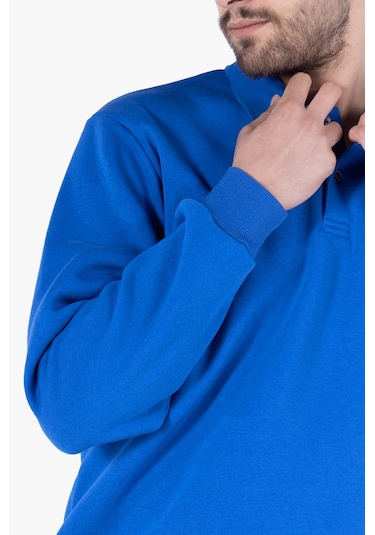 3 İplik Polo Yaka Fleto Cepli Sweatshirt Saks Mavi