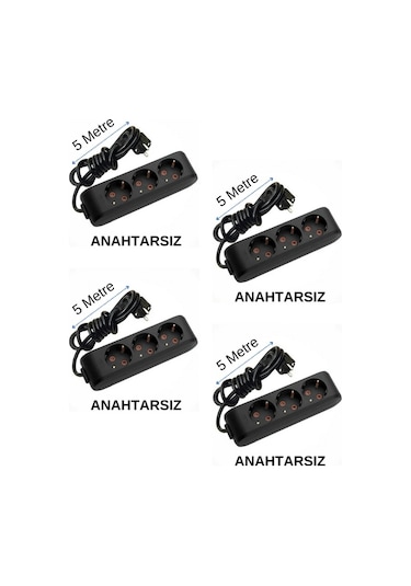 Viko 3'lü Üçlü Priz Topraklı Kablolu Siyah 5 Beş Metre 4 Adet