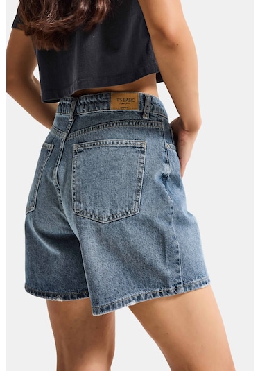 Itsbasic Kadın Koyu Kot Rengi 2s6-125 Mom Fit Midi Boy %100 Koton Denim Şort