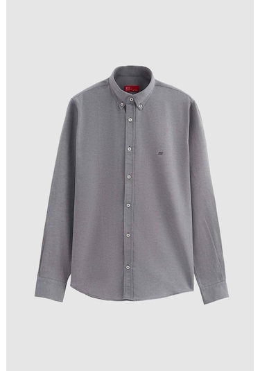 Ds Damat Slim Fit Antrasit Oxford Düğmeli Yaka Kolay Ütülenebilir Nakış Detaylı Pamuklu Gömlek 4HC02ORT03265 Antrasit