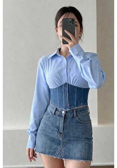 Tarz Cool Kadın Kot Korse Detaylı Özel Tasarım Slim Gömlek Mavi