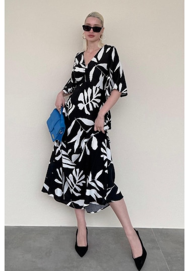 Madmext Siyah Desenli Yarım Kollu Elbise Mg2395 Siyah