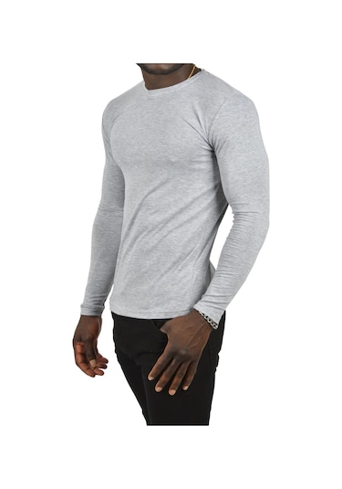 Deepsea Erkek Gri Uzun Kollu Dar Kalıp Ince Sıfır Yaka Sweatshirt 2300423 False Gri