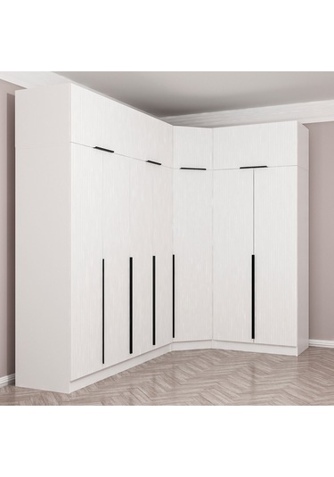 Kaleplus 7 Kapaklı 2 Çekmeceli Köşe Dolap + Yüklük Beyaz Mebran Beyaz Çizgili 255cm Beyaz