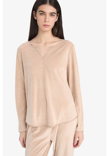 Defacto Pijama Takımı Regular Fit Uzun Kollu Velur Üst Uzun Alt-fall İn Love A3356ax25aubg400 Bej