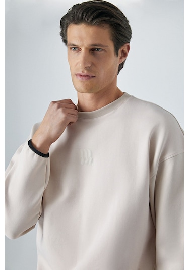 GRIMELANGE Plemon Erkek Bisiklet Yaka Uzun Kol Baskı Detaylı Oversize Taş Rengi Sweatshirt Taş Rengi