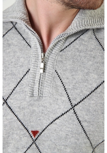 Ferraro A.Gri Fermuarlı Dik Yaka %100 Kuzu Yünü Erkek Kazak Açık Gri (536161083) Açık Gri