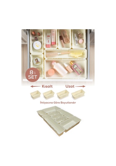 8'li Set Ayarlanabilir Çekmece Içi Düzenleyici Kutu Uzayıp Kısalabilen Organizer Seti 4a2b1c1d Krem