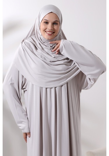 Tek Parça Pratik Başörtülü Robalı Namaz Elbisesi 8015 Taş Rengi 001