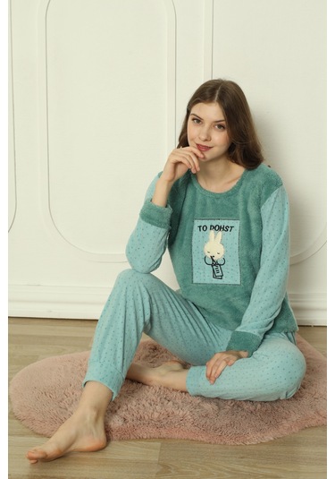 Fawn 3300 Peluş Welsoft Polar Kışlık Sevimli Tavşanlı Kadın Pijama Takımı Yeşil