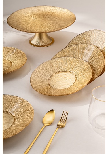 Emsan Golden 7 Parça Cam Pasta / Tatlı Seti Gold