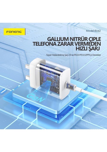 Foneng EU62 GaN 45W PD Type-c Girişli Hızlı Şarj Adaptörü Siyah