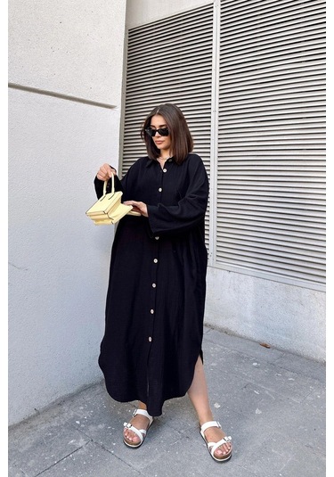 Kadın Siyah Muslin Kumaş, Yarasa Kol, Eteği Oval, Çift Cepli, Uzun Oversize Salaş Gömlek Elbise Siyah