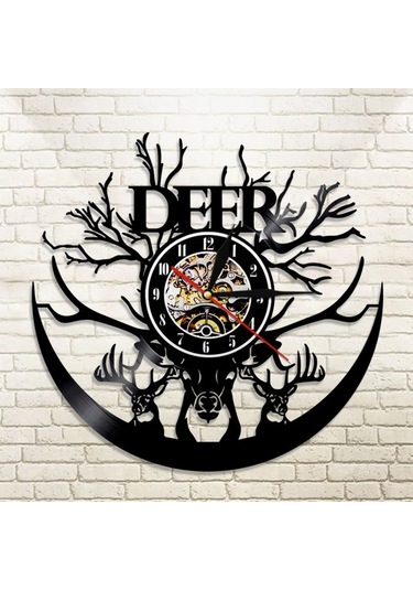 Primepickings Müzik Vinil Kayıt Duvar Saati -geyik Kafası Vinil Duvar Saati - Vinil Saat - Oturma Odası Duva A