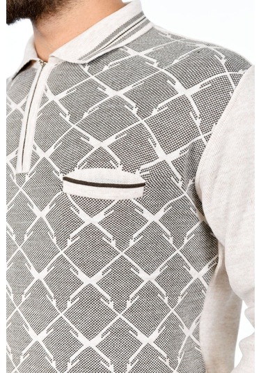 Kamalı Erkek Çelik Örgü Gömlek Yaka Cepli Fermuarlı Polo Yakalı Tüylenmeyen Triko Kışlık Baba Kazak Taş