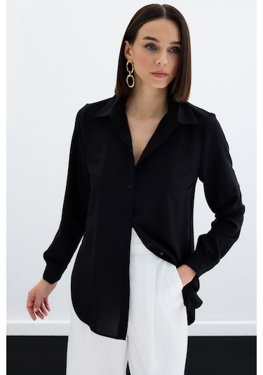 Sateen Düz Klasik Gömlek - Siyah-123675 Siyah