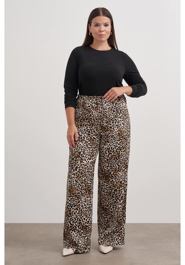 Beli Lastikli Leopar Desenli Pantolon-2556 Kahverengi