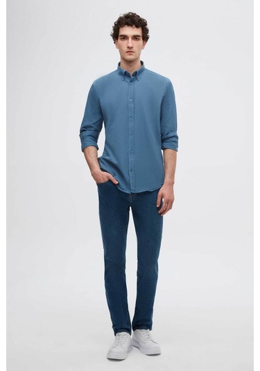 D'S Damat Ds Damat Slim Fit İndigo Düğmeli Yaka %100 Pamuk Yazlık Flamlı Keten Görünümlü Gömlek 6HC02ORT63265 İndigo