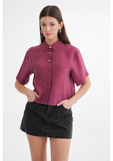 Mixray 4663 Kadın Kombin Düğmeli Crop Gömlek Bordo