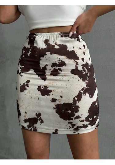 Kadın Desenli Saten Etek Ekru