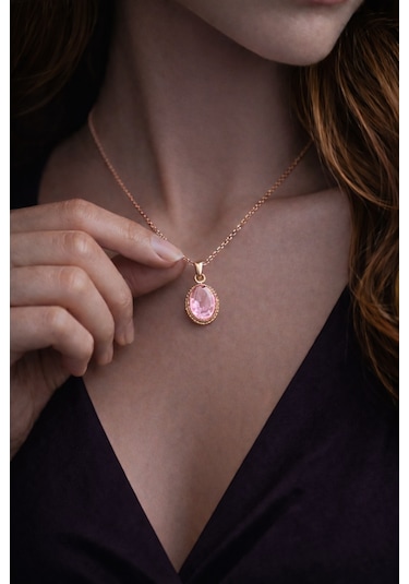 Kadın Bakır Kolye Doğal Açık Pembe Taşlı Minimal Model Kolye Diğer