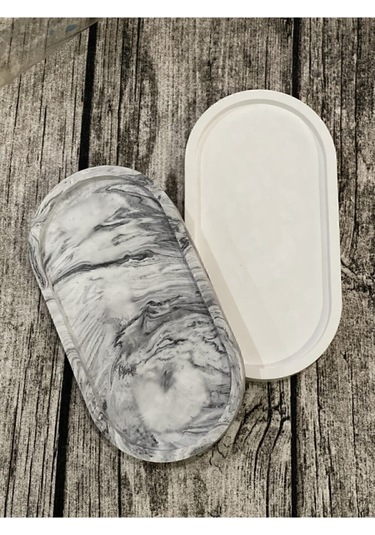 2'li Dekoratif Oval Sunumluk Seti, Dekoratif Biblo Takı Tabağı, Saksılık,tütsülük,mumluk - Krem-mermer Desenli