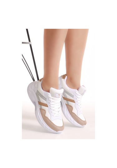 Tonny Black Kadın Beyaz Toprak Faylon Taban Şeritli Bağcıklı Spor Ayakkabı Beyaz - Bej