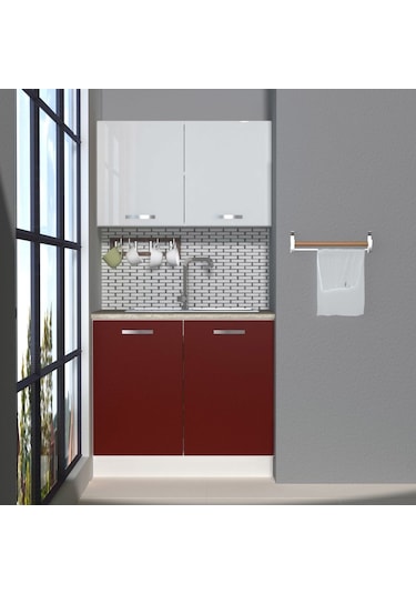 Decoraktiv Mini 90 Mdf Hazır Mutfak Dolabı - Tezgah Dahil - Bordo Beyaz Beyaz - Kırmızı