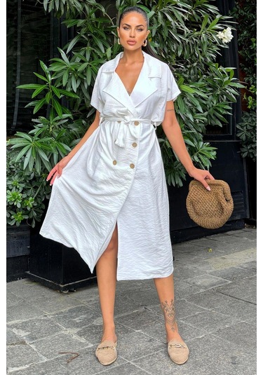 Kadın Beyaz Kruvaze Yaka, Kısa Kollu, Kemer Detaylı, Rahat Kesim, Midi Keten Elbise Beyaz