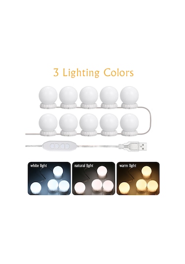 10 Ampul İle Ayarlanabilir 10 Parlaklık Ve 3 Aydınlatma Modu Olan Vanity Led Ayna Işık Seti, Makyaj Makyaj Masası İçin Usb Ayna Işık Dize Beyaz